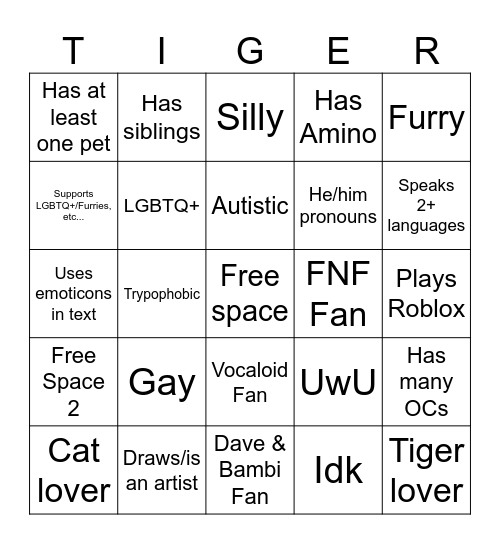 UTAU Tiger's Random Bingo Card