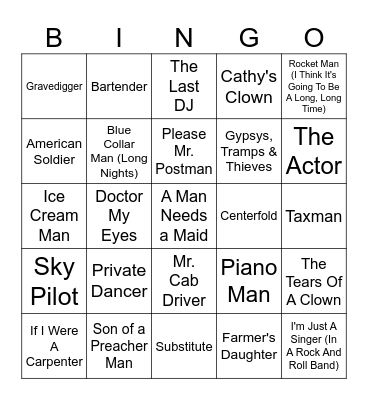 Songs With An "Occupation" Bingo Card