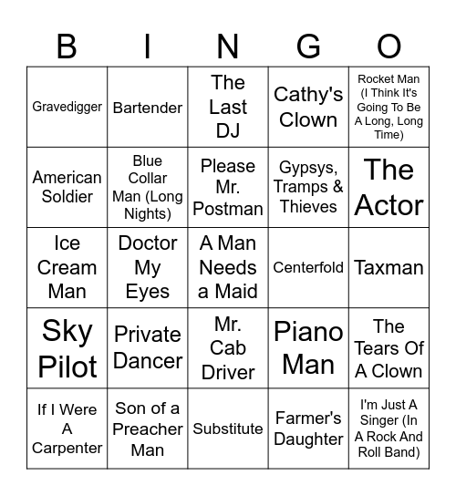 Songs With An "Occupation" Bingo Card