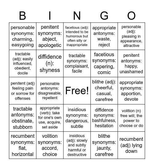 Vocal #10 Bingo Card