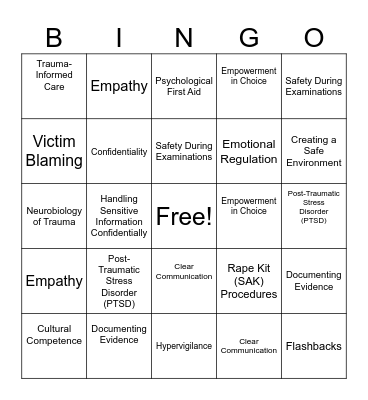 Trauma-Informed Care Bingo Card