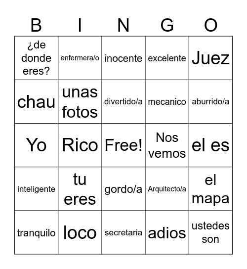 mix vocabulary Bingo Card