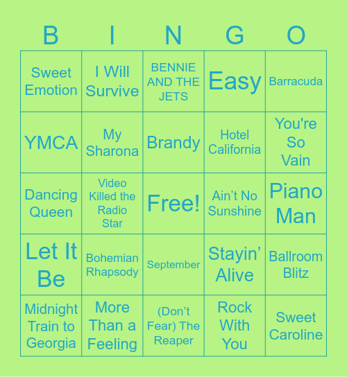 1970's Music Bingo Card