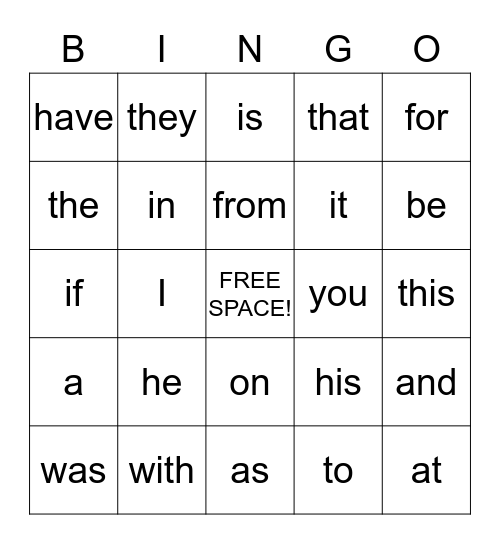 Fry Words List 1 Bingo Card