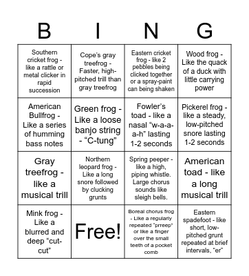 Frog Calls of Wisconsin Bingo Card