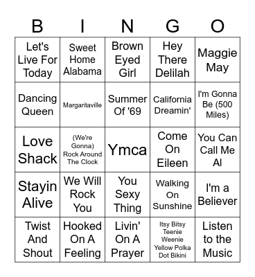 Songs Almost Everyone Knows Bingo Card