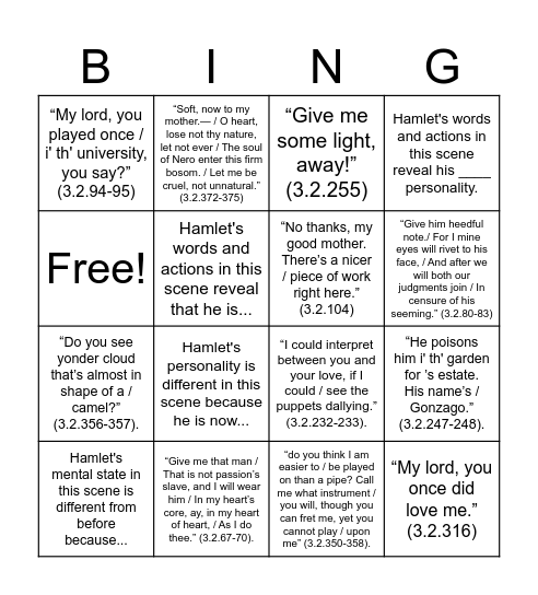 Hamlet Lesson 8 - Act 3, Scene 2 Bingo Card