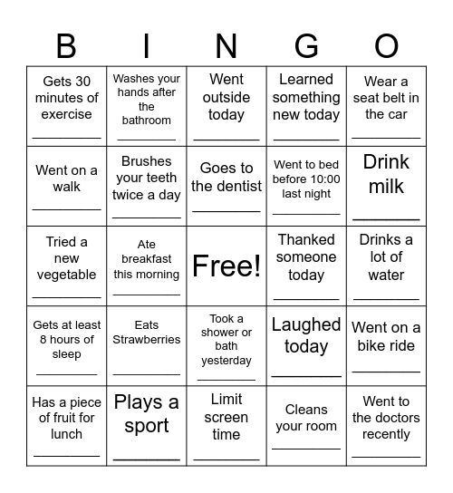 Healthy Habits Bingo Card