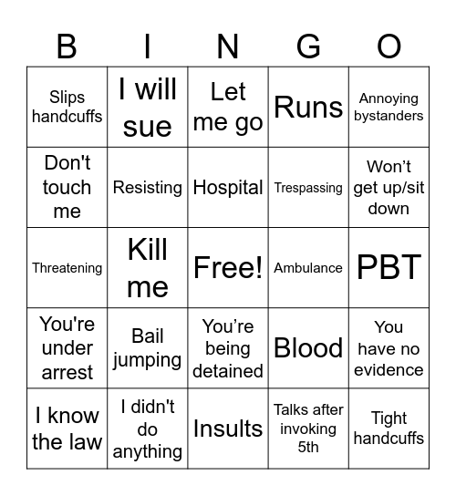 Police Bodycam Bingo Card