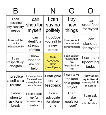 Self Advocacy Bingo Card