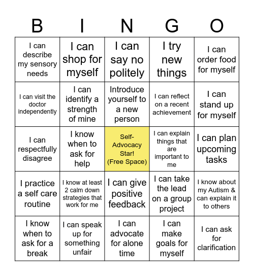 Self Advocacy Bingo Card