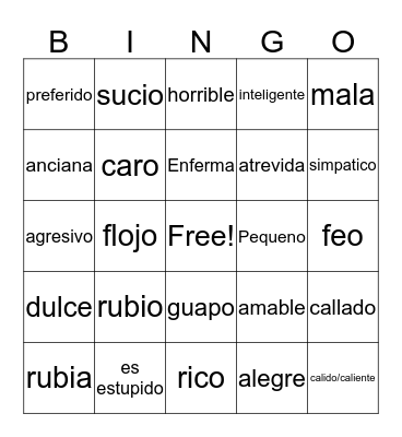 Spanish Adjectives Bingo Card