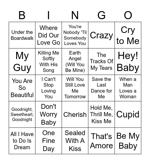 Golden Oldie Love Songs Bingo Card