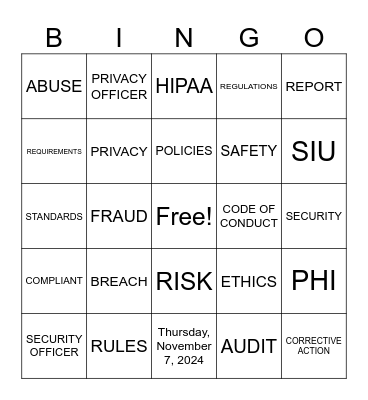 Compliance Bingo Card