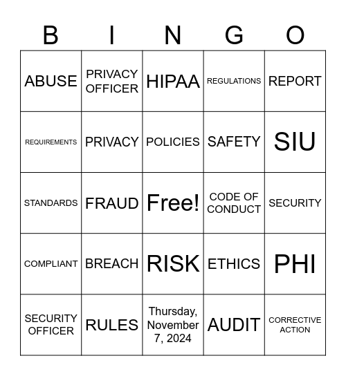 Compliance Bingo Card