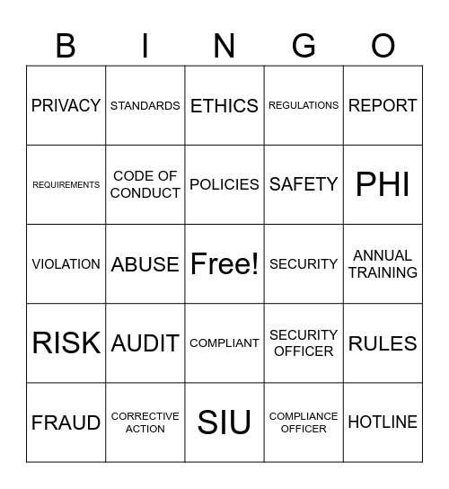 Compliance Bingo Card