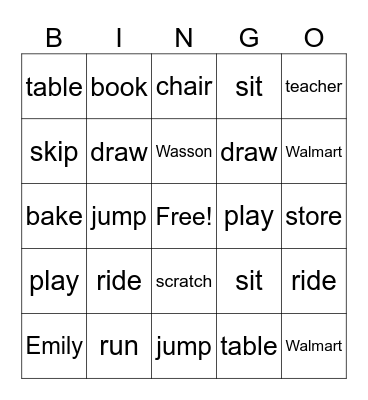 Noun and Verb Bingo Card