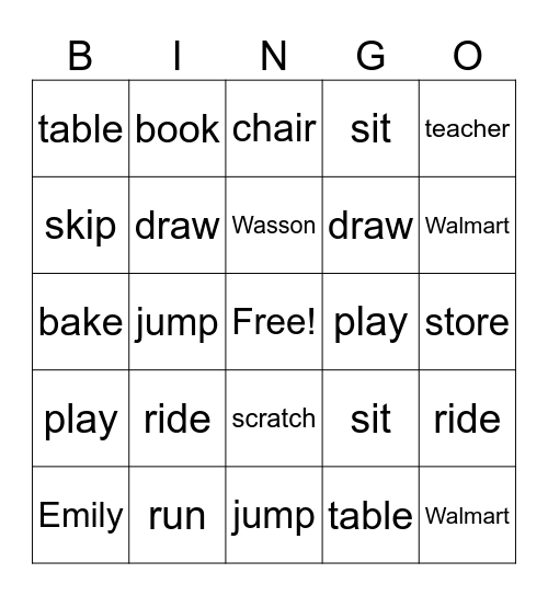 Noun and Verb Bingo Card