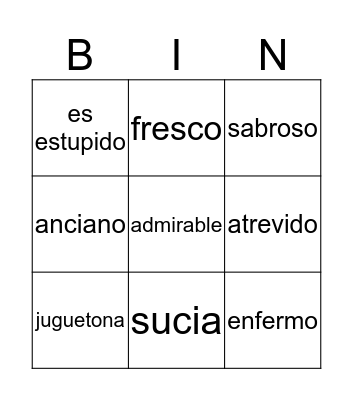 spanish adjectives Bingo Card