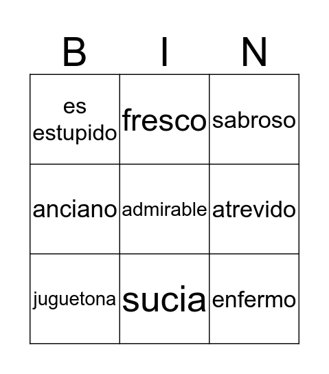 spanish adjectives Bingo Card
