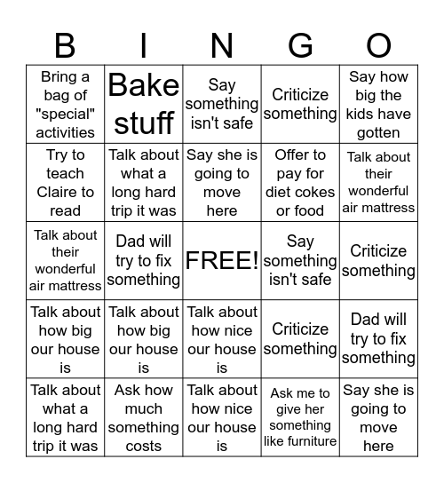 Dysfunctional Family Bingo Card