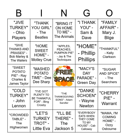 Thanksgiving Music Bingo Card