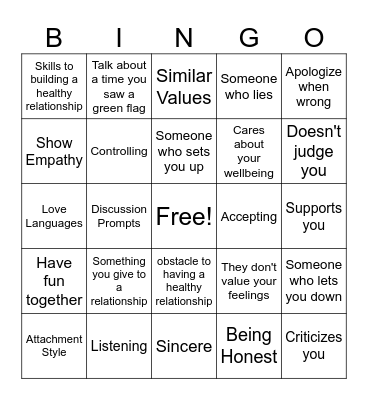 Relationship Bingo Card