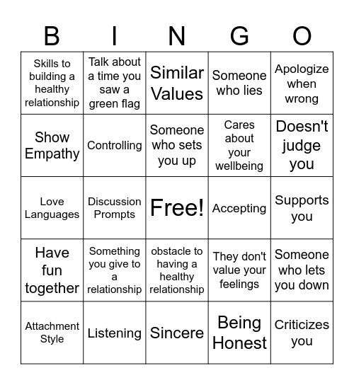 Relationship Bingo Card