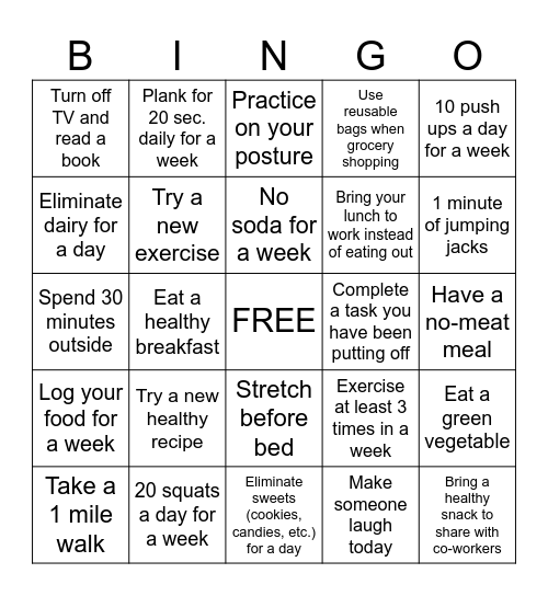 Staff Wellness Bingo Card