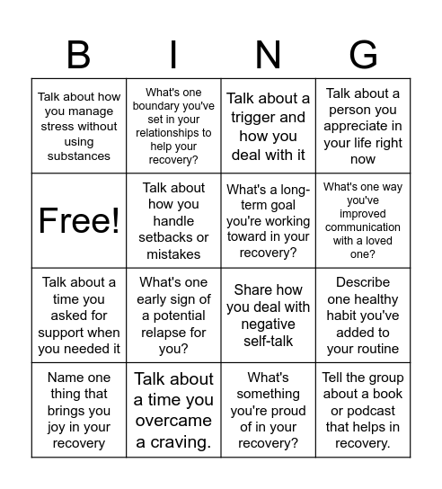 Recovery Bingo Card