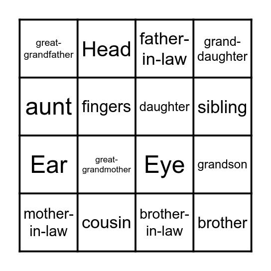 Family Vocabulary Bingo Card