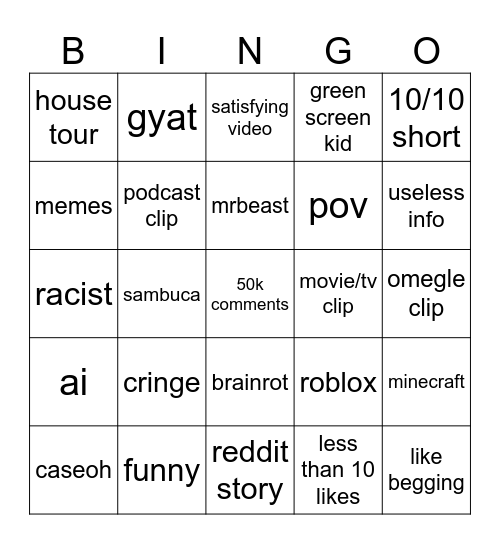 Youtube shorts bingo Card