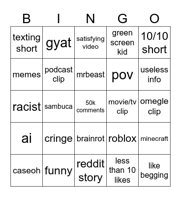 Youtube shorts bingo Card