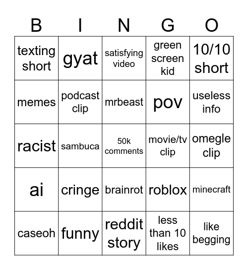 Youtube shorts bingo Card