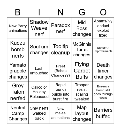 Deadlock Patch 11.7 BINGO Card