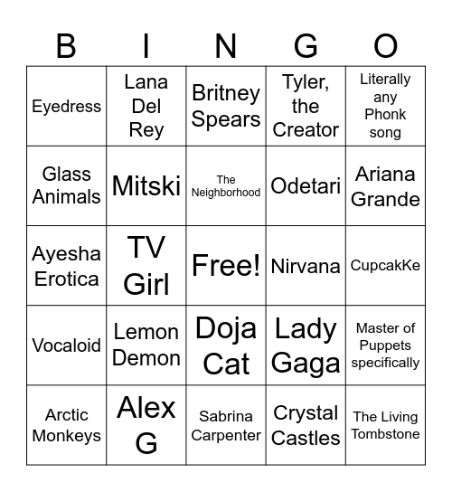 Music Playlist Bingo Card