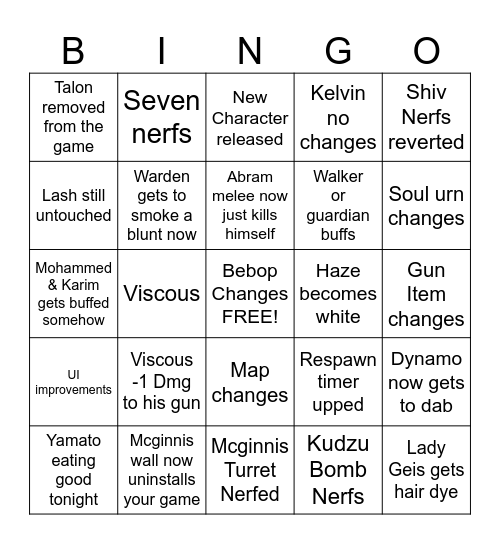 Deadlock Patch Bingo Card