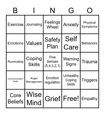 Mental Health Bingo Card