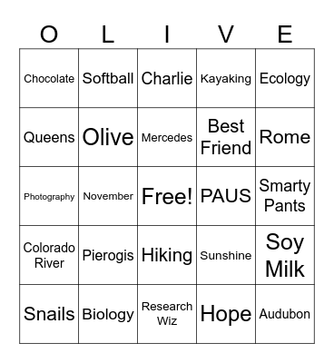 OLIVIA'S BIRTHDAY BINGO Card