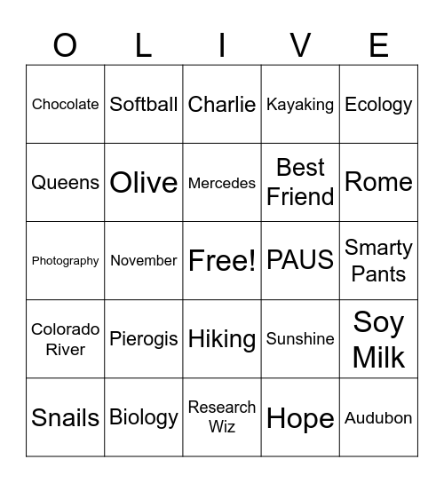 OLIVIA'S BIRTHDAY BINGO Card