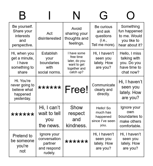 SPEECH PROPER GREETINGS Bingo Card