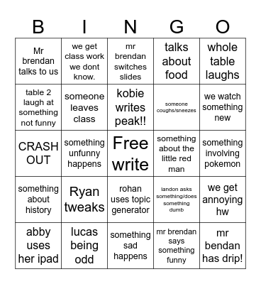english class bingo Card