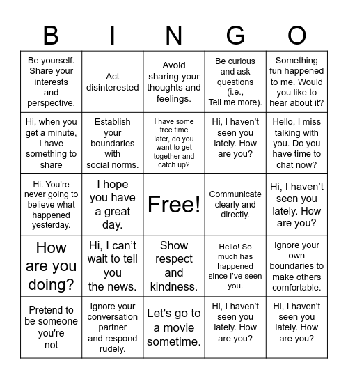 SPEECH PROPER GREETINGS Bingo Card