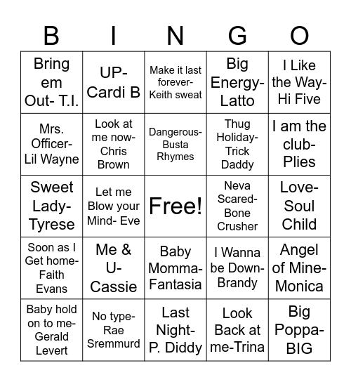 Hip Hop & R&B Bingo Card