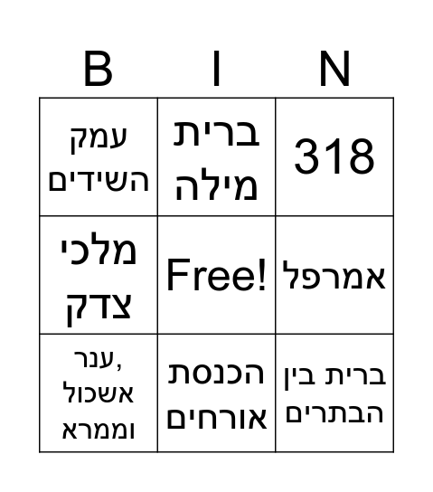 בינגו לפרשת לך לך Bingo Card
