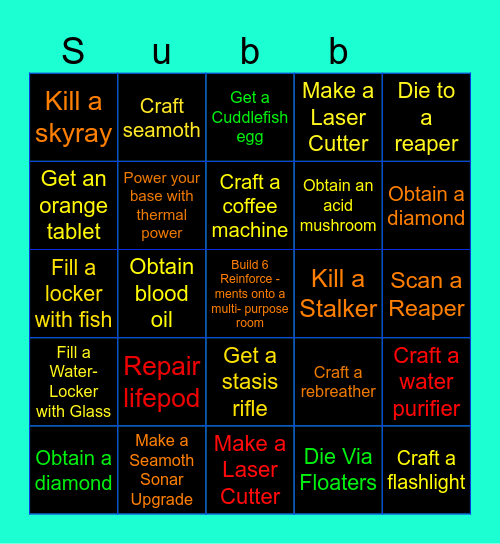 Subnautica Bingo Card