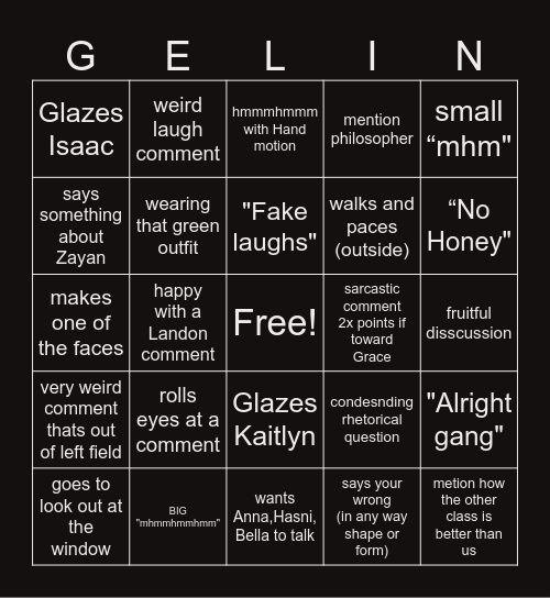 English class Bingo Card