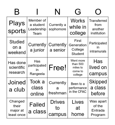 College Bingo Card