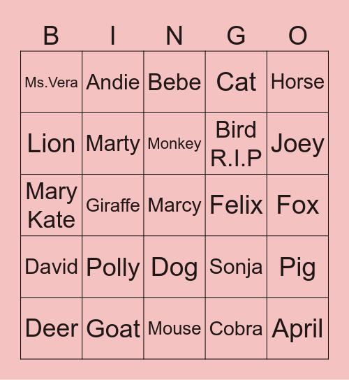ANIMALS AND NEIGHBORS Bingo Card