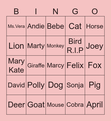 ANIMALS AND NEIGHBORS Bingo Card